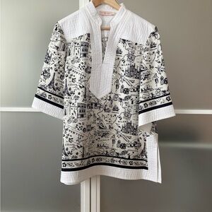 Tory Burch silk tunic top with travel motif